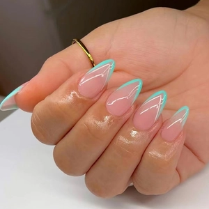 Women's French Tip Press On Nails Mint Green Almond Shape Minimalist Nude Base Water Drop Pointed Fake Nails DIY Manicure Glossy Elegant Accessory