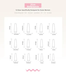 Size reference chart for ballet long press-on nails in 12 detailed dimensions