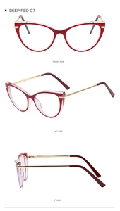Detailed view of deep red cat-eye TR90 frames with golden metal temples and blue light block