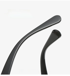 Detailed macro view of curved glossy black temples on oversized polygonal sunglasses