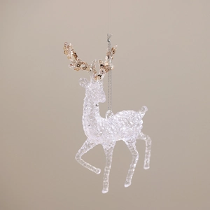 Acrylic Christmas reindeer ornament with gold glitter antlers and silver string
