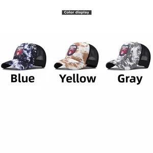 Detailed comparison of three tie-dye mesh trucker hats with embroidered shield patches
