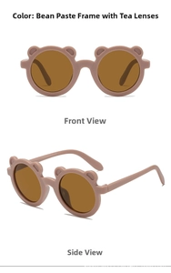 Detail view of dusty rose bear-eared sunglasses for kids with tea tinted lenses