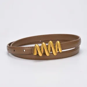 Women's vintage brown leather thin belt with elegant gold wave-shaped metal buckle