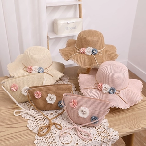 Chapeau De Paille Et Sac À Bandoulière Pour Enfants Fleurs Künstliche Perles Bord Festonné Protection Solaire Plage Extérieur Doux