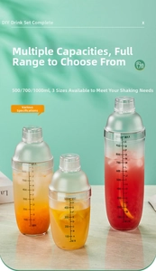 Three clear cocktail shakers with ml scales in 500ml, 700ml, and 1000ml sizes
