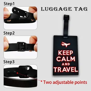 Black PVC luggage tag with airplane icon and Keep Calm And Travel text including buckle guide