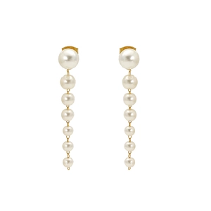 Elegant 18k gold plated stainless steel long drop earrings with seven round white pearls