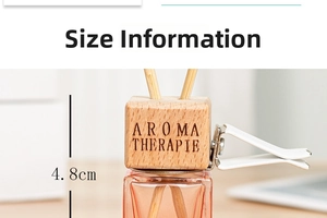 Detail of pink car perfume glass bottle with wood cap and 4.8cm height dimension
