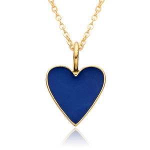 Detailed view of a 14K gold plated necklace featuring a blue enamel heart pendant