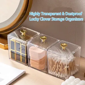 Transparent PET Storage Box With Gold Clover Handle Dustproof Desktop Organizer For Cotton Swabs Lipstick Jewelry