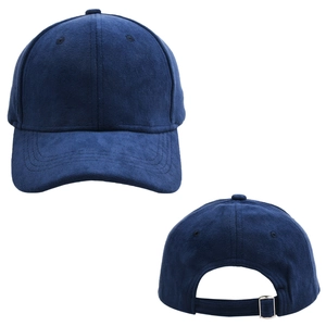 Detail view of navy faux suede baseball cap showing the crown and adjustable metal buckle