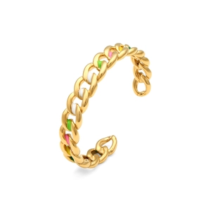 Cuban chain open bangle in 18K gold plated steel with colorful enamel stripe accents
