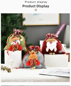 Detailed close-up of 3D Santa, Snowman and Reindeer plush icons on burlap Christmas bags