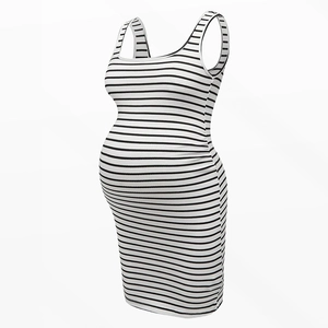 Detail of maternity bodycon dress showing black and white striped ribbed knit texture