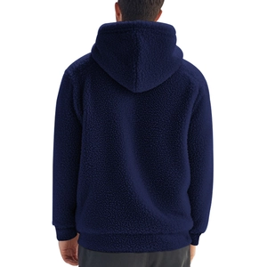 Rear view of a navy blue fleece hooded jacket showing the thick thermal texture