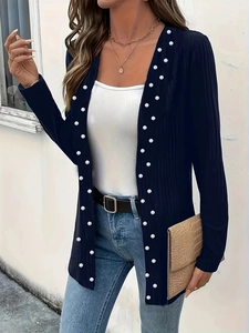 Elegant navy knit cardigan with decorative white pearls and classic long sleeves