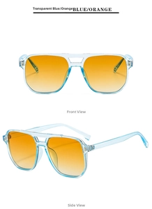 Front and side view of double bridge pilot sunglasses in transparent blue and orange