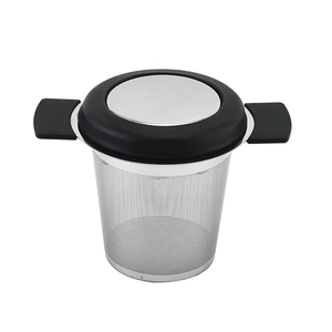 304 stainless steel tea infuser with black silicone lid and handle on white background