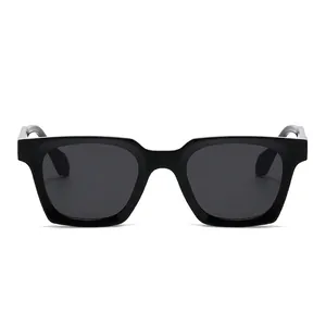 Classic square frame black sunglasses with thick frames and dark grey UV protection lenses
