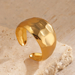 Hammered Open Ring Stainless Steel 18K Gold Plated Adjustable Geometric Wide Band Minimalist Fashion Jewelry For Women