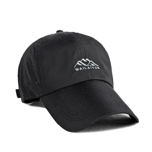 Quick-dry black baseball cap with extended visor and breathable perforated design