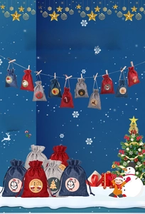 Close-up of numbered Christmas burlap drawstring bags for advent calendar countdown