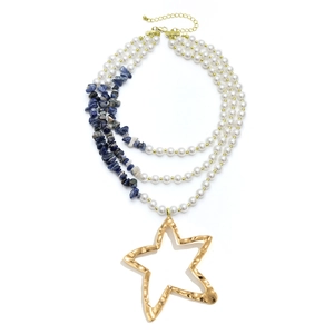Detail of multi-layer necklace with blue turquoise beads, pearls and star pendant