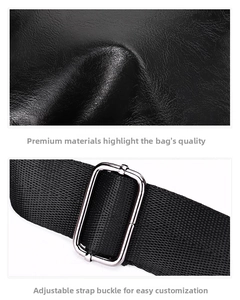 Close-up of black PU leather texture with metal adjustment buckle and woven strap