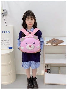 Pink cartoon bear backpack for toddlers with 3D ears and durable lightweight hardshell