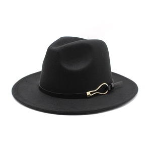 Classic black wool fedora hat with wide brim and elegant gold buckle detail