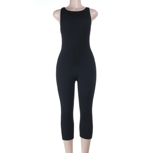 Front view of black sleeveless compression bodysuit with a slim fit and athletic design