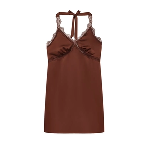 Elegant brown satin nightdress with lace trim and halter neck for a slim fit look