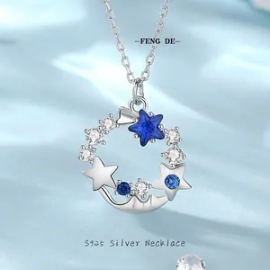 S925 Sterling Silver Starry Sky Blue Meteor Circle Pendant Necklace For Women Zirconia Inlaid Elegant Sweet Natural Style Jewelry