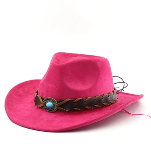 Close-up of rose red western cowboy hat featuring a brown braided band and blue turquoise buckle