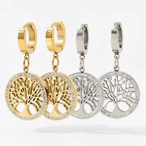 Pendientes de moda árbol de la vida en oro y plata con cristales de circón blanco brillante