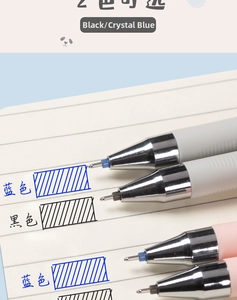 Macro shot of erasable gel pen tips showing black and crystal blue ink strokes on paper
