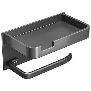 Wall-mounted gunmetal grey toilet paper holder with top shelf and U-shaped hook
