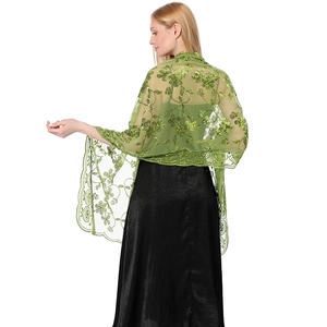Detailed back view of an exquisite green sequined embroidered floral lace shawl on a model