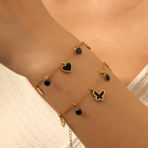 Bracelet À Breloques Papillon Coeur En Acier Inoxydable Plaqué Or Émail Noir Bijoux Mode Pour Femmes Cadeau