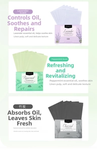 Detailed view of lavender, mint and bamboo charcoal oil absorbing sheets in 100-piece boxes