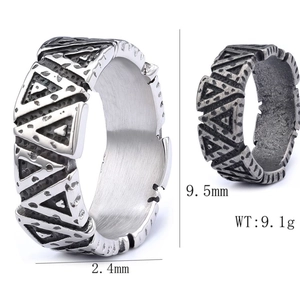 Textured geometric triangle pattern silver stainless steel ring for men and women