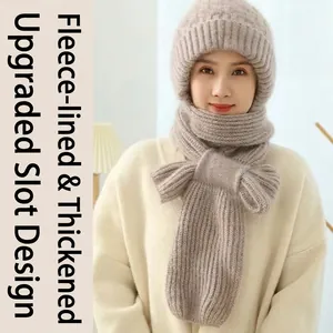 Khaki women's fleece lined hooded scarf knit hat with upgraded insert closure