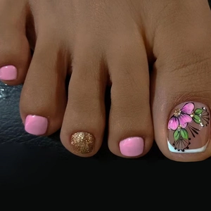 Toenail Press On Nails Floral Pattern Gold Glitter Short Square Artificial Fake Toe Nails For Women Sweet Style DIY Manicure