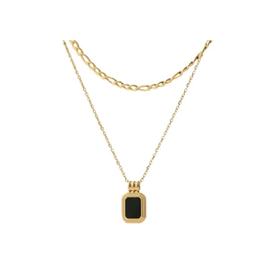 Double-layer titanium steel necklace with gold Figaro chain and black square pendant
