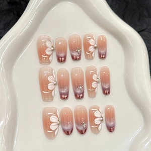 Handmade Violet Purple Cat Eye Press On Nails With 3D Flower Pearl Rhinestone Elegant Gradient Ballerina Oval Artificial Nails