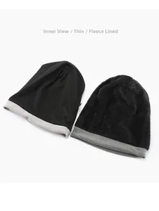 Detail view of thin and fleece-lined inner layers for knitted slouchy beanie hat