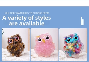 Detailed close-up showing three styles of crystal resin owl figurines with stone inlay