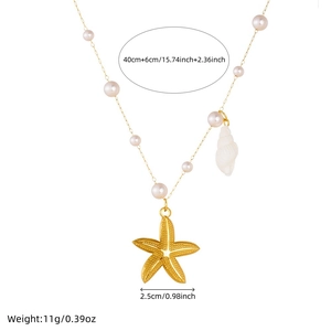 Collier perles avec pendentif étoile de mer dorée et coquillage, longueur de 40+6cm
