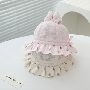 Chapeau de soleil en dentelle florale pour bébé avec nœud en rose et beige